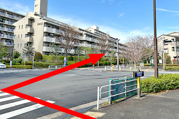 信号を渡りマンションの間を進む